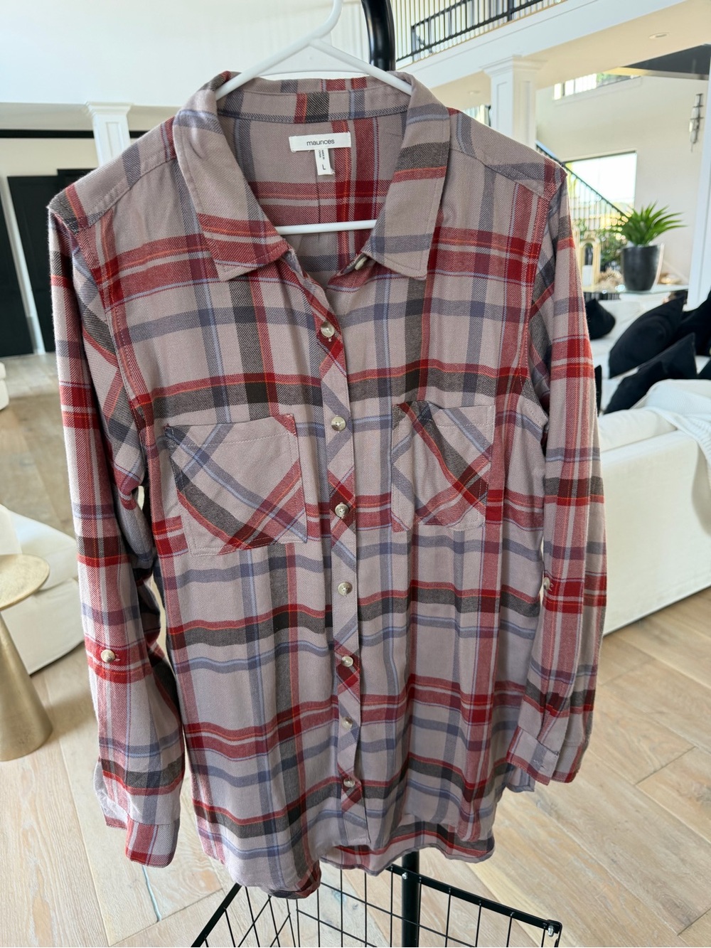Maurices Plaid Button-Down Shirt in Red and Gray Tones